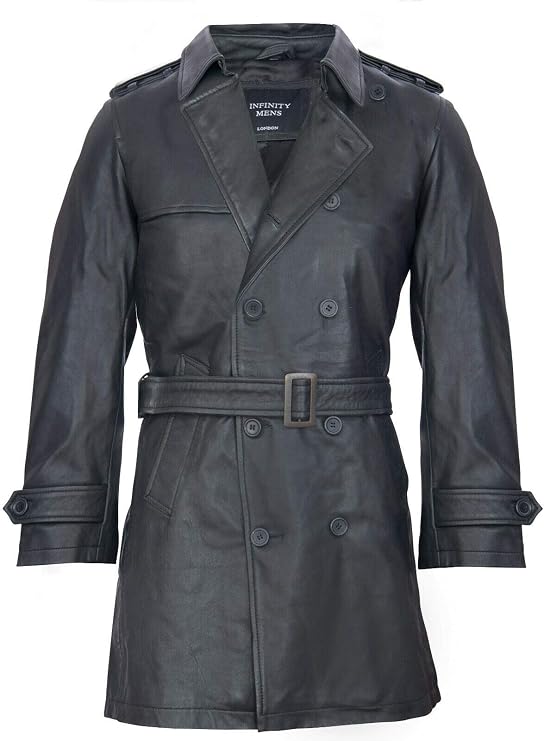 Mens Black German Military WW2 Vintage Long Trench Coat Genuine Leather Jacket