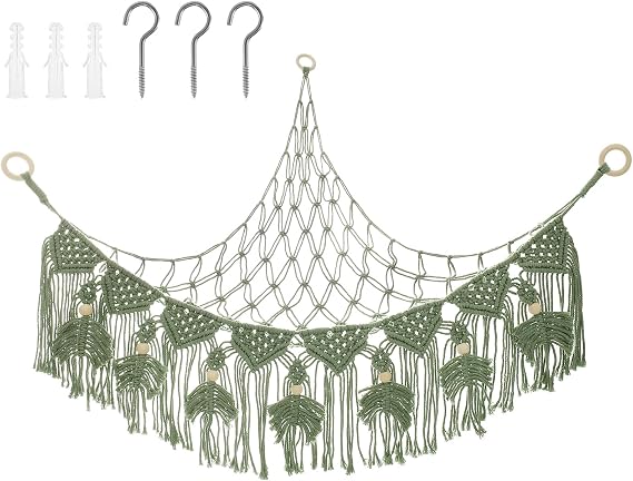 Macrame Stuffed Animal Net Hammock, Soft Toy Storage, Plushie Holder (Green)