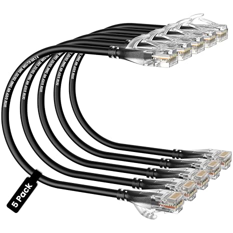 CableGeeker Cat6A Ethernet Patch Cable 1FT 5-Pack Black, Slim Cat 6a Network Cable with 10Gbps Speed, 550MHz, Pure Copper, 28AWG for High-Speed Internet Ethernet Cord