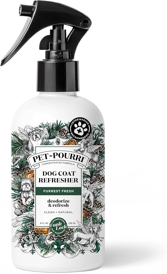 Poo-Pourri Furrest Fresh Dog Deodorizing Spray, 8 Fl Oz Grooming Perfume for Dog Coat, Pet Odor Neutralizer with Essential Oils, Vet Recommended, Paraben & Sulfate-Free Fir, Amber, Cedarwood Scent
