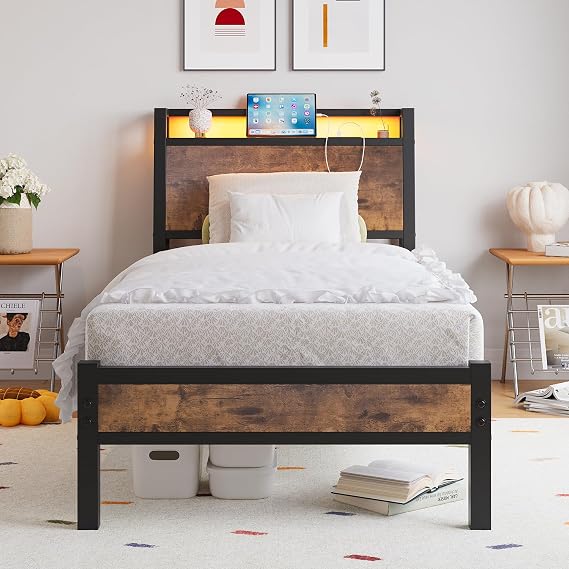 3ft Single Bed Frame with Charging Station and LED Lights, Wood Headboard with Storage Shelves, Heavy Duty Metal Slats, No Box Spring Needed, Noise Free, Easy Assembly,Black