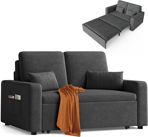 Xbro 2-Seater Sofa Bed, Extendable Sleeper Couch with Pull-Out Function, Modern Velour Fabric for Living Room, Guest Room or Office