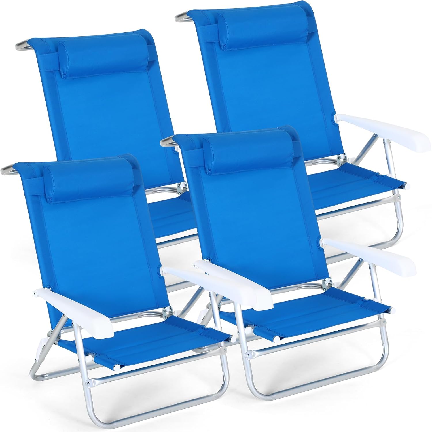 Wenqik 4 Pcs Beach Chairs Camping Sunbathing Outdoor Reclining Folding 6 Adjustable Position Lay Flat Beach Chair with Head Pillow for Fishing Travel Yard LawnNavy