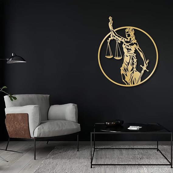 ICEWQOQU Lady Justice Metal Wall Art, Themis Justitia Metal Wall Art, Law Firm Metal Wall Hangings, Lawyer Office Wall Decor, Scale of Justice, Lawyer Gift, Attorney Gift (20"x24"|51x60cm, Gold)