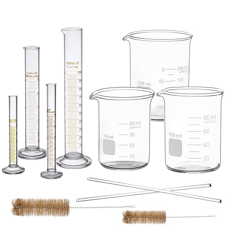 Thick Glass Graduated Cylinder & Beaker Set with Stir Rods & Brushes
