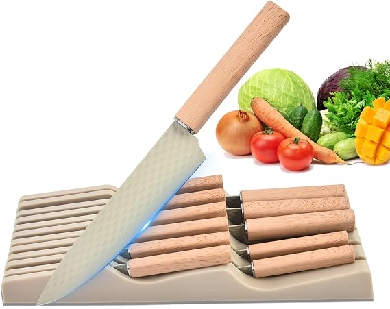 Nonstick Knife Set, 12 Pieces Professional Stainless Steel Kitchen Knife Set with Knife Block and Ergonomic Handle, Non-stick Sharp Knife Set Suitable for Home and Restaurant (Khaki)
