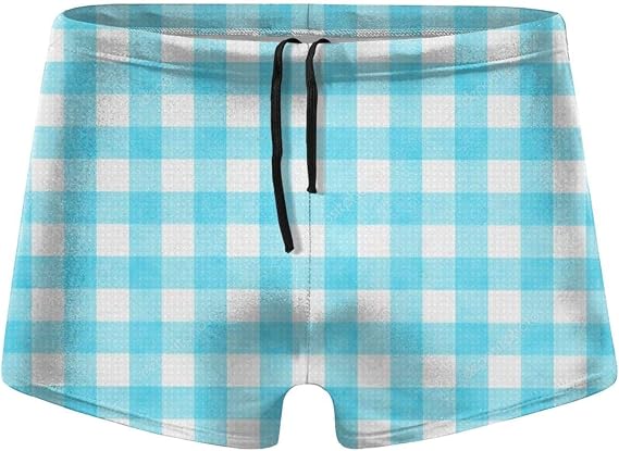 Men's Blue Thin Line Grid Swimwear Boxer Briefs Swim Trunk Triangle Thong Bikini Swimsuit