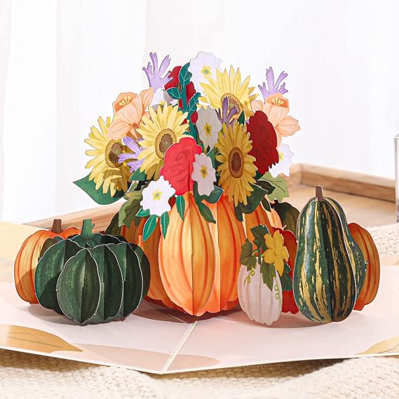 Liif Fall Pumpkin Flower 3D Greeting Pop Up Card, Thanksgiving Card, Autumn Card, Sunflower, Harvest For Family, Parents, Grandma, Women, Mom | With Message Note & Envelop