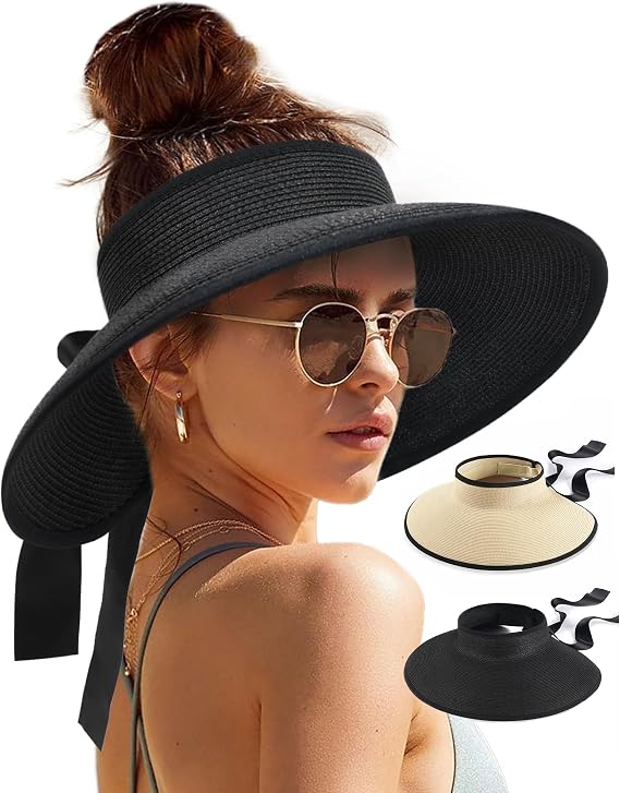 Camptrace 2 Pack UPF 50+ Sun Visors for Women Wide Brim Beach Hat Foldable Straw Visor Sun Hat Ponytail Summer Packable