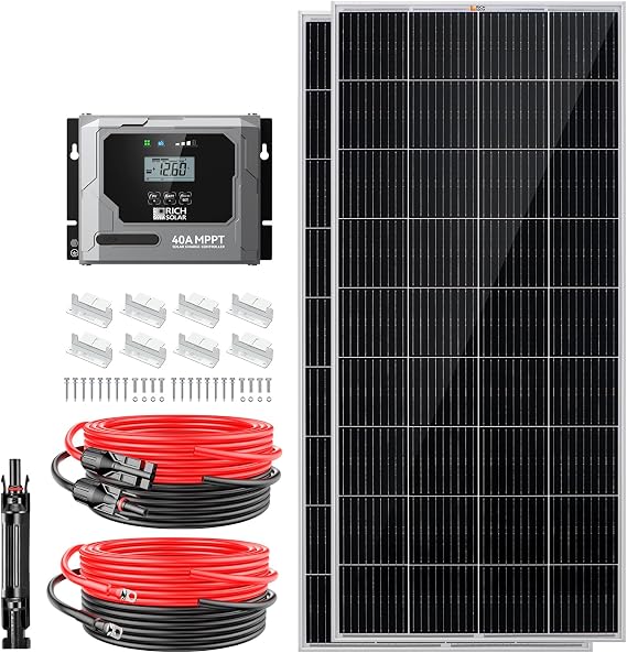 RICH SOLAR 400 Watt Premium Solar Kit - 2 Pack of 200W Panel, 40A MPPT Charge Controller, Mounting Z Brackets, Adaptor Kit, Tray Cables Set, Off-Grid 12V Solar Power System
