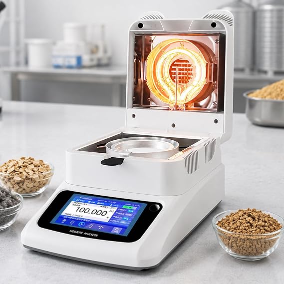 Moisture Analyzer, Digital Halogen Moisture Meter with 120g Capacity, 5-Inch Touchscreen, 3 Drying Modes, RS-232 Data Output, for Grain, Corn, Feed, Tea, Coffee and Lab Testing B-1202