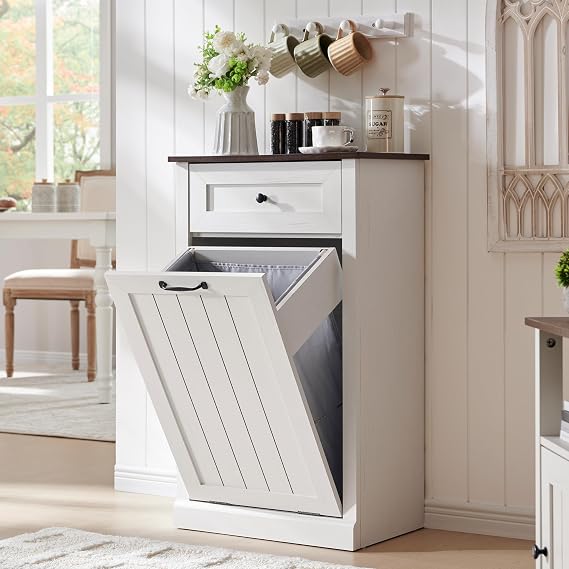 IFGET Tilt Out Trash Can Cabinet, Trash Cabinet w/Drawer, Antique White | 10 Gallon Farmhouse Laundry Hamper Cabinet, Hidden Wooden Trash Can Cabinet w/Storage Basket for Kitchen, Living Room