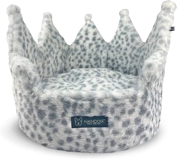 NANDOG Crown Dog Bed for Small Dogs & Cats, Round Cloud Ultra Plush Fabric | King & Queen Pet Bed, Cozy Royal Design Puppy Bed, Comfortable Indoor Crate and Kennel Bed, White Leopard, 16" L x 16" W