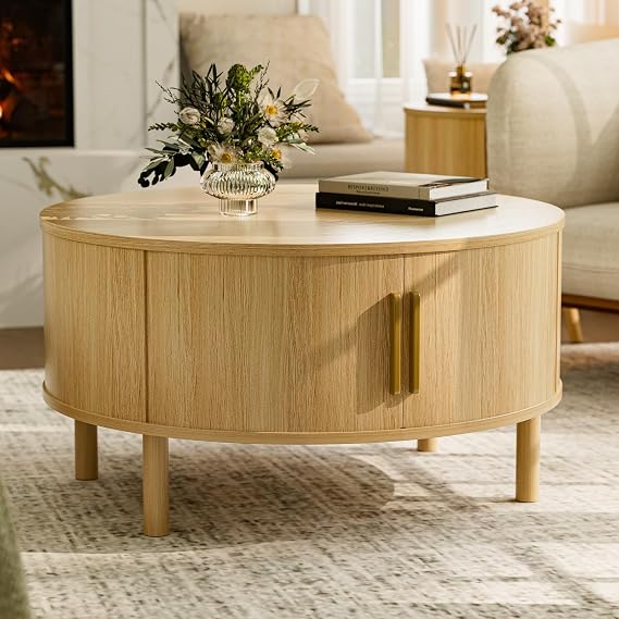 ZttRiee Round Coffee Table with Sliding Doors, Modern, Natural