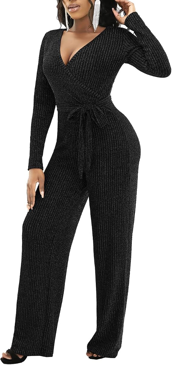 LightlyKiss Women's casual sexy V-neck sparkling jumpsuit long sleeve loose jumpsuits Fashion Club party Rompers with belt
