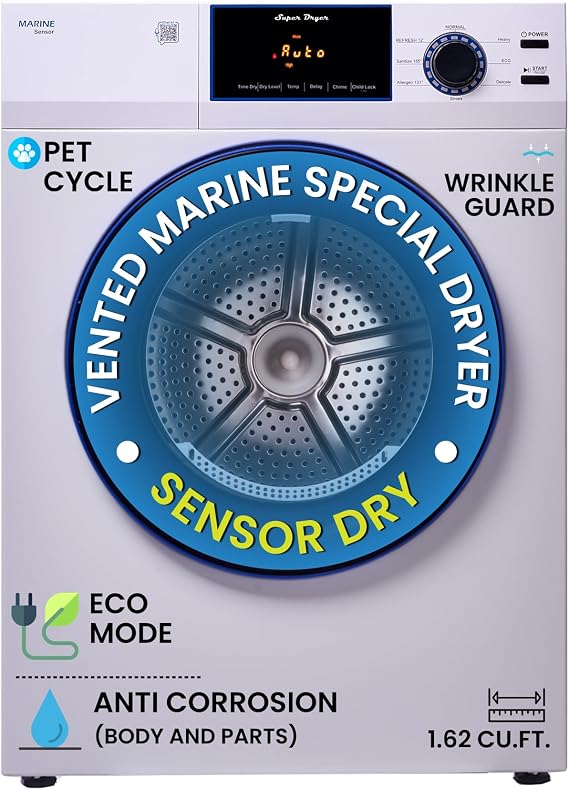 Equator ED 868 3.1 cu.ft. Marine Dryer Rust-Proof Compact Vented Electric Dryer for Boats & Yachts | Sensor Dry, Wrinkle Guard, Hygienic Care Cycle, LED Display, Reversible Door, 110V