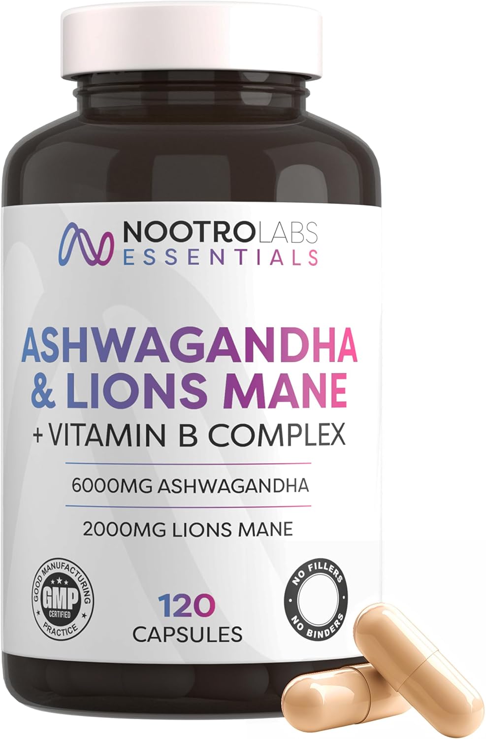 Nootro Essentials Ashwagandha & Lion's Mane Capsules, High Strength Mushroom Supplement for Focus, Calm & Stress Support 60 Servings - 2 Capsules Daily