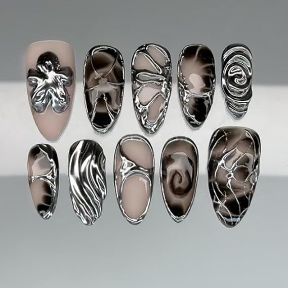 Black Press on Nails Chrome Silver Fake Nails Flower False Nail with Ombre Design Glossy Glue on Nails Glossy Full Cover Acrylic Medium Almond Stick on Nail for women girls Manicure 24Pcs
