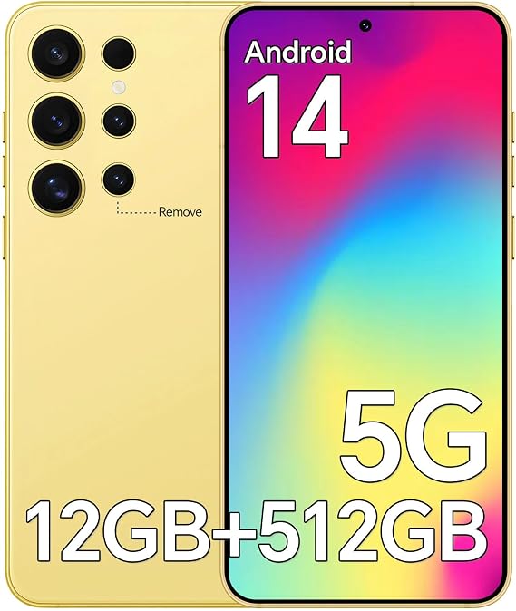 E24 Ultra Unlocked Phones with 5000mAh Battery,Android 14 Mobile Phone,Snapdragon 888 Smartphone Phone,12GB RAM+512GB ROM,3040 * 1440 HD 6.8'' Screen /5G/Dual SIM/GPS/WiFi,Yellow