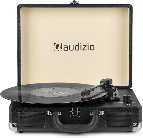 Audizio RP114BK Briefcase Vinyl Record Player, Stylish Record Player with Built-In Speakers, 3-Speed Compact System, USB Vinyl to MP3 Conversion, RCA Output, Black