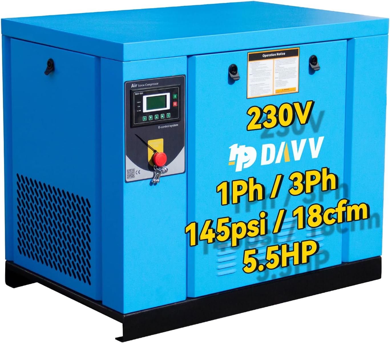 Rotary Screw Air Compressor 5.5HP4KW - 18CFM @ 145PSI - 230V1-Phase - Variable Speed Drive - NPT12 - Industrial Air Compressed System
