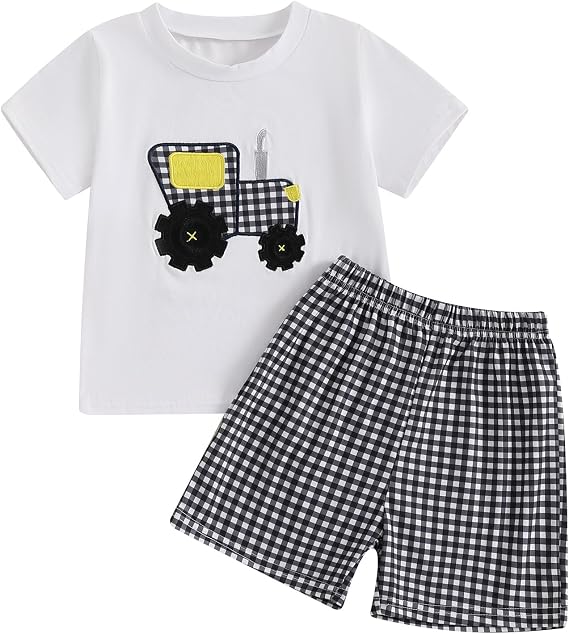 FIOMVA Toddler Baby Boy Summer Clothes Infant Tractor Outfits Cute Kids Short Sleeve T Shirt Plaid Shorts Clothing Set