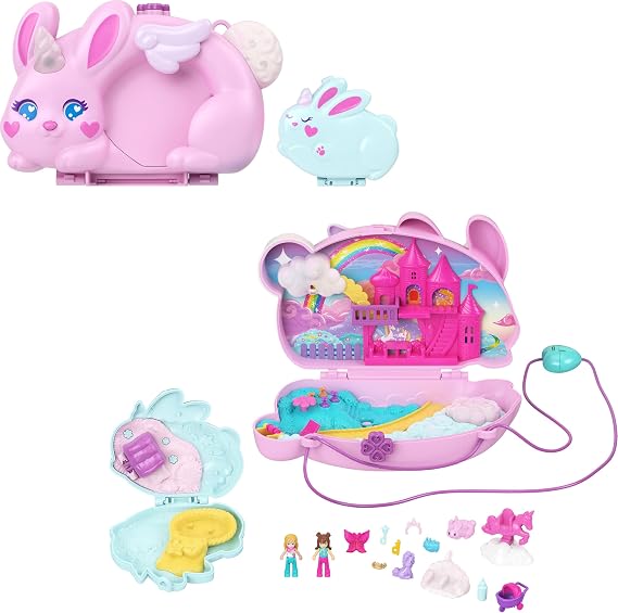 Polly Pocket 2-in-1 Bunny Fun Wearble Compact | Purse Playset. 2 Micro Dolls & 12 Accessories Including Pets, Portable, Bunny Unicorn Theme