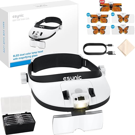 eSynic Head Magnifier with LED Light - 5X Interchangeable Lenses (1X-3.5X) & 6X Combo- Comfort Adjustable Headband- 8 Dual-Color LED for Reading&Jewelry Repair- 900mAh Rechargeable Battery with Type-C