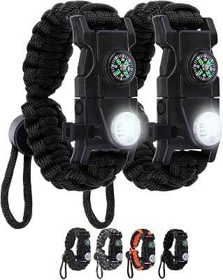 Survival Bracelets, Paracord Bracelets 2 pcs with Loud Whistle Light Flint, Adjustable Compass Bracelet for Outdoor Camping Hiking Fishing Hunting, Multitools Tactical Gear, Bearable 300 lb