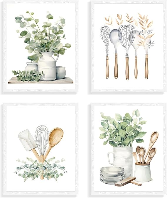 Dazzlewall 4 PCS Botanical Kitchen Wall Art Poster Sage Green Eucalyptus Leaves Prints, Boho Plant Wall Pictures for Kitchen Dining Room Decor 8x10 in Unframed