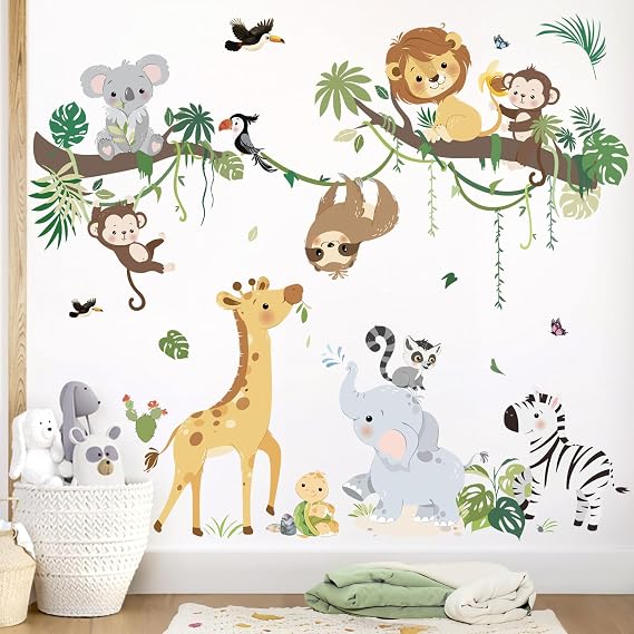 decalmile Wandsticker Dschungel Tiere Baum Zweig Wandtattoo Giraffe Affen