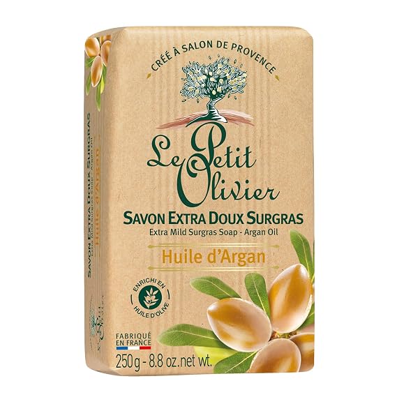 Le Petit Olivier Extra Mild Surgras Soap - Argan Oil - Gently Cleanses Skin - Delicately Perfumed - Vegetable Origin Based - 8.8 Oz
