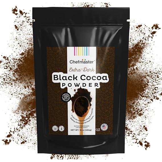 Black Cocoa Powder by Chefmaster, Extra Dark Dutch-Processed Cocoa Powder for Baking, Cookies, Cakes, Icings; Rich Chocolate Flavor, All-Natural Dye Alternative, Unsweetened, 16 oz