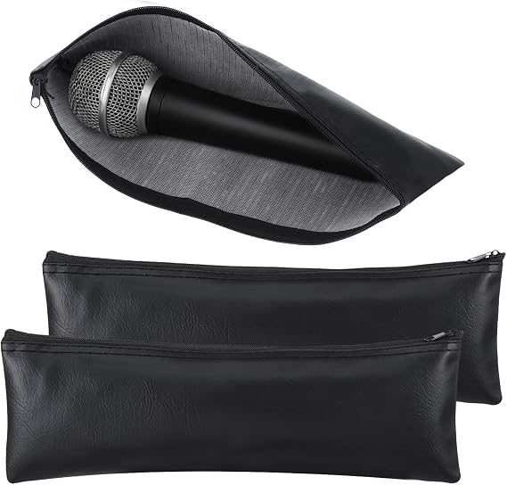 2 Pack Microphone Bags, Black Microphone Case for Wireless | Mic Protector Mic Storage Bag Black Zipper Storage Pouch 11.8" x 4.72" Case for Carrying Portable PU Leather Pouches
