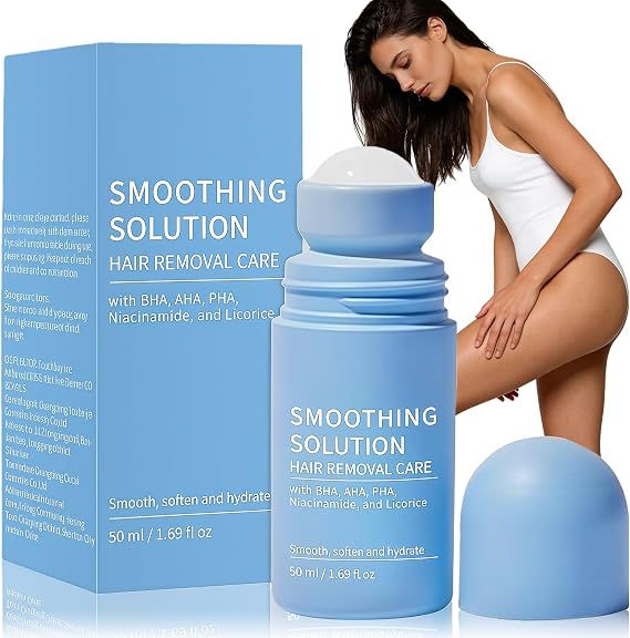 Razor Bump Smoothing Solution Ingrown Hair Treatment with BHA AHA - Ingrown Hair Treatment Serum for Men & Women, Underarms & Abdomen - Roller Ball Applicator for Tend Skin