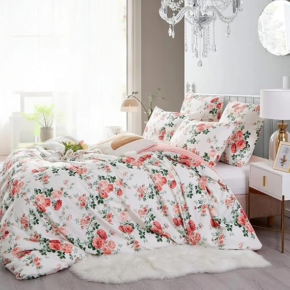 ABREEZE Rose Floral Duvet Cover Set Full Super Soft Women Girls Bedroom Decor Bedding Set Romantic Floral Bed Covert Collection Princess Quilt Cover Set for Girls 3 Pieces