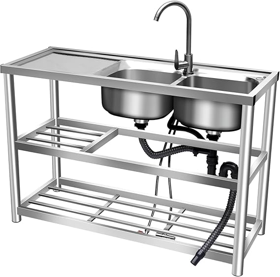 Utility Sink, Commercial Kitchen Sink with Countertop, Double Bowl Sink with Prep Table and Double Storage Shelves, Freestanding 2 Compartment Stainless Steel Sin for Kitchens, Laundry