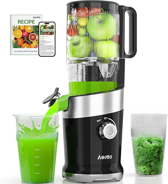 Cold Press Juicer For Whole Fruits, Aeitto Juicer Machines with Large Feed Chute, Self Feeding, Easy to Assemble, High Juice Yield, Easy to Clean with Brush
