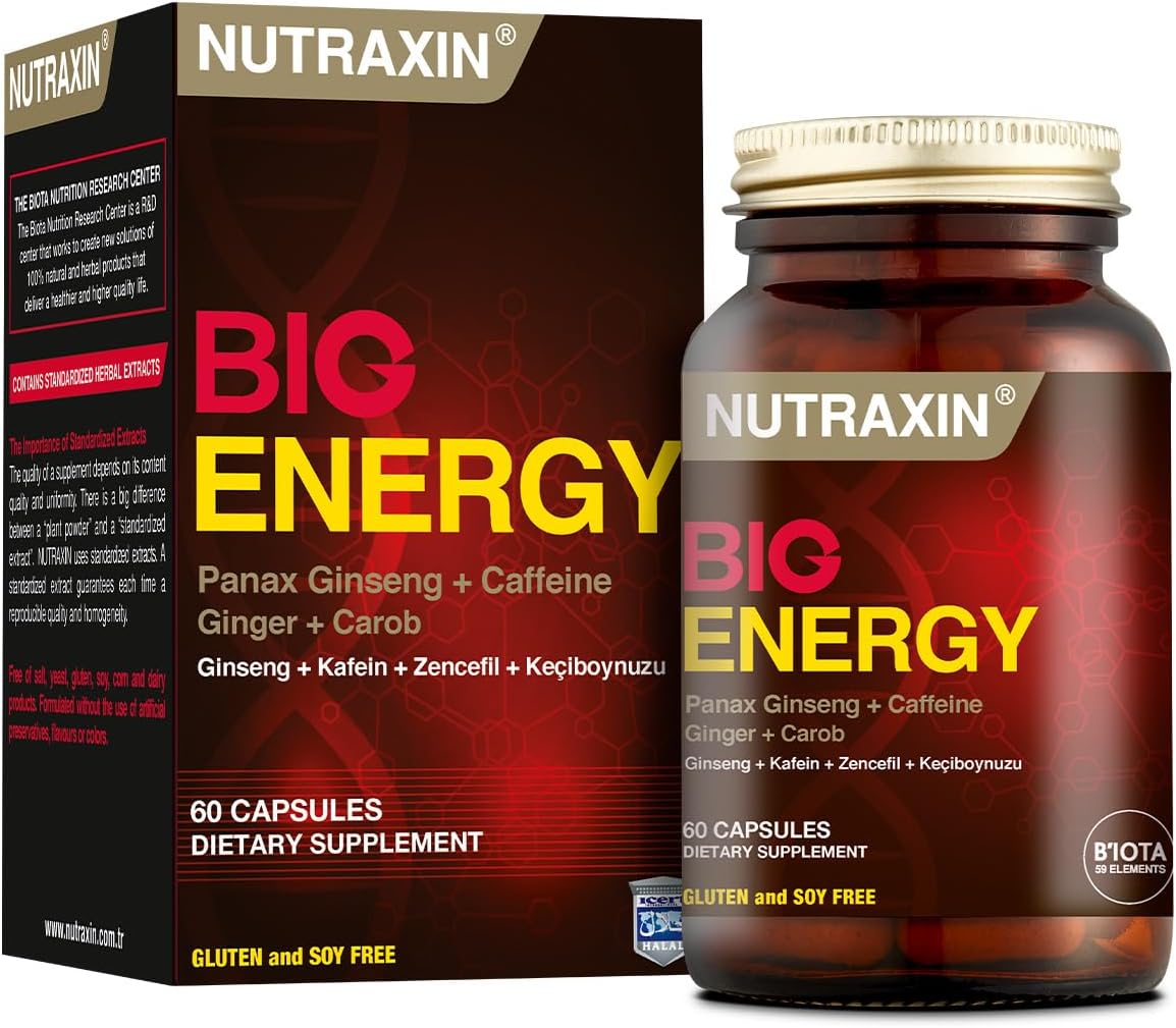 Nutraxin Big Energy Ginseng  Caffeine  Ginger  Carob 60 Capsule Supplement Food