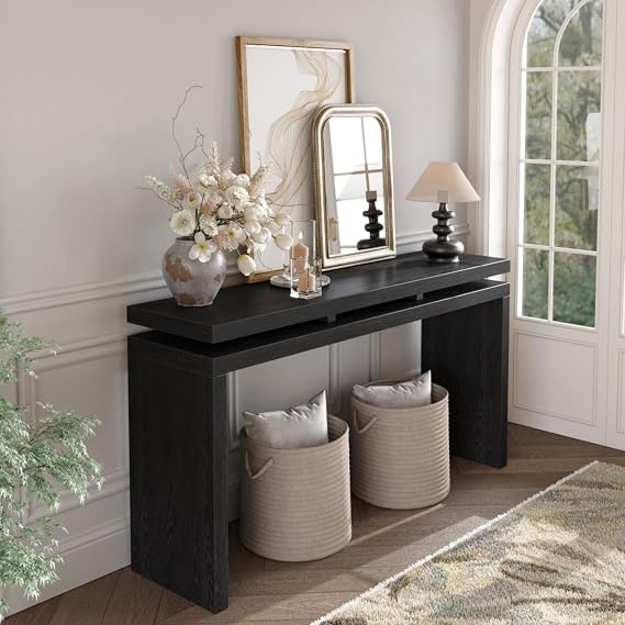 60'' Natural Farmhouse Console Table, Retro Wooden Entryway Table with Double Board Suspension Design for Living Room, Easy Assembly,
