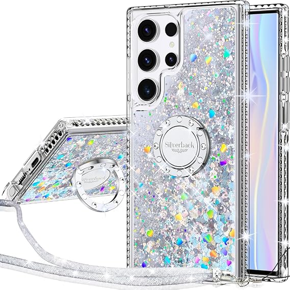 Silverback for Samsung Galaxy S22 Ultra Case with Ring Stand, Clear Silver