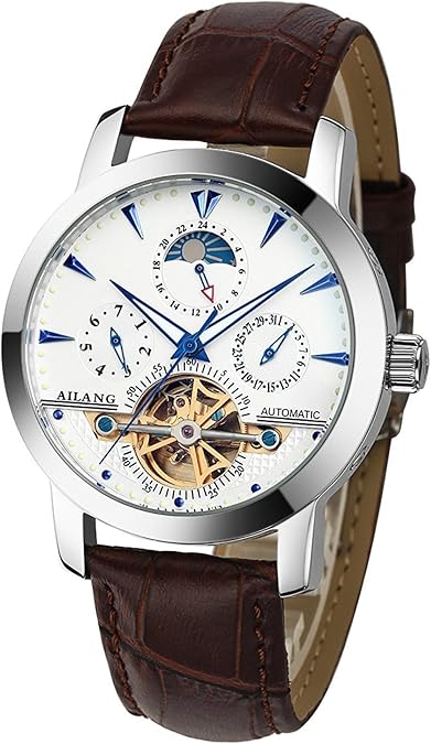 WhatsWatch Automatic Mechanical Moon Phase Titanium Steel Case Leather Strap White Dial Analog Men's Watch -317