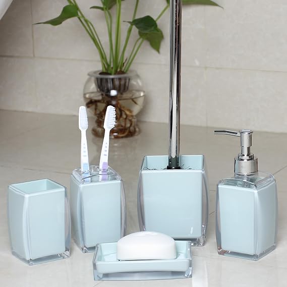5 Pcs Blue Acrylic Bathroom Accessories Set Complete,Lotion/Soap Dispenser,Soap Dish,Toothbrush Holder,Tumbler, Toilet Brush and Holder, Modern Bathroom Decor and Housewarming Gift Set, Blue