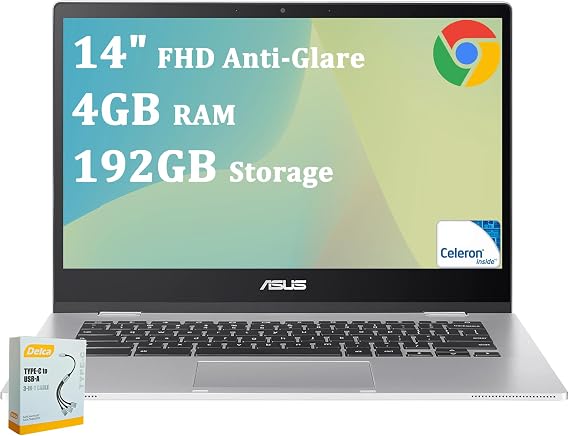 ASUS Chromebook CX1 Business & Students Laptop | 14" FHD Anti-Glare | Intel Celeron N4500 | 4GB RAM 192GB Storage (64GB eMMC + 128GB SD Card) | Type-C Long-Lasting Battery Chrome OS w/DLCA Accessory
