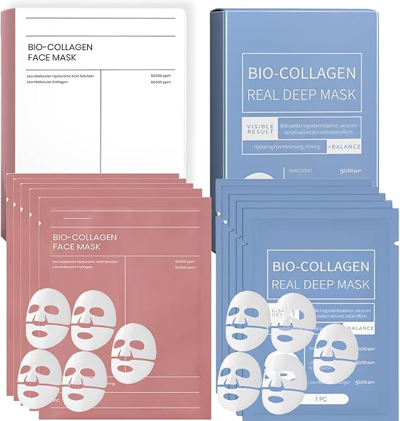Collagen Mask, Bio Collagen Face Mask, Collagen Masks Overnight, Korean Skincare, Face Skincare, Hydrating, Sheet Overnight Beauty (Red 5pc+Blue 5pc)