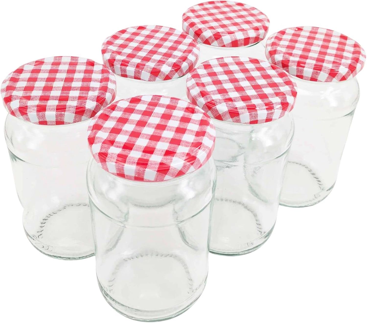 Nutley's 370ml, 1lb Round Glass Jam Pickle Chutney Jar with Twist-Off Red Gingham Lids Pack of 6