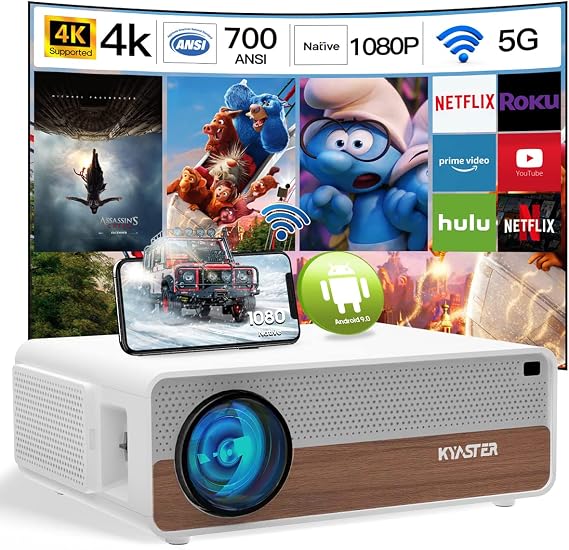 Native 1080P Projector,700 ANSI Lumen 4K Supported,4P/4D Keystone Correction,Android 9.0 OS with Build in App Store,5G WiFi Wireless Screencast for iPhone,10W Speakers,Bluetooth 5.1