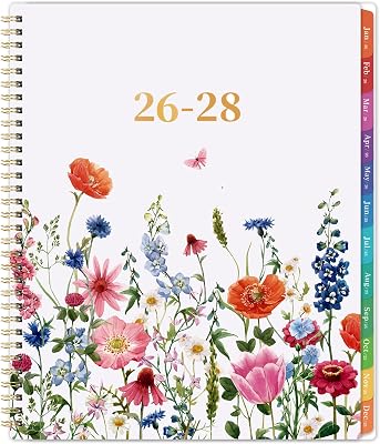 2026-2028 Monthly Planner- 3 Year Planner 2026-2028, Jan. 2026 - Dec. 2028, 3 Year Calendar 2026-2027-2028 monthly planner, 9 x 11, 36 Month Calendar with Colourful Tabs  Back Pocket - Flowers