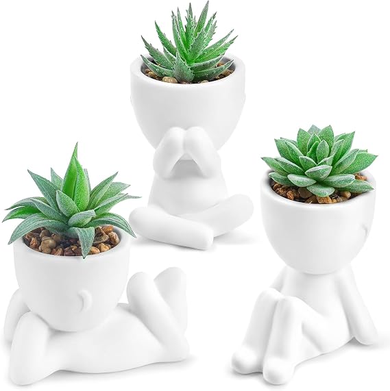Der Rose 3 Pack White Human Pot Fake Plants with Face Decals for Desk Decor