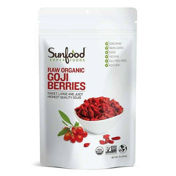 Sunfood Superfoods Organic Goji Berries | 1 Lb. Bag | Naturally Sun-Dried, Chewy Texture | No Additives or Sweeteners | 100% Pure Single Ingredient Product | Non-GMO, Vegan